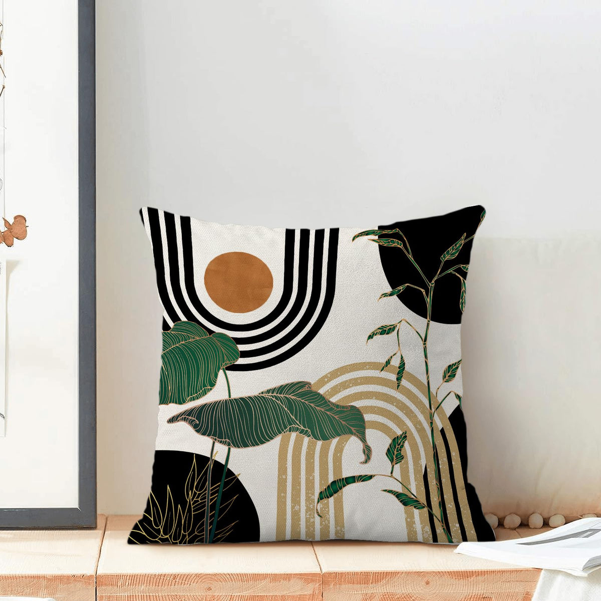 BETGINY Black Green Orange Boho Pillow Covers 18x18 Inch 2 Pcs,Tropical Leaf Summer Outdoor Decorative Throw Pillows,Mid Century Abstract Farmhouse Decor Pillowcase Linen Cushion Cover for Couch Sofa