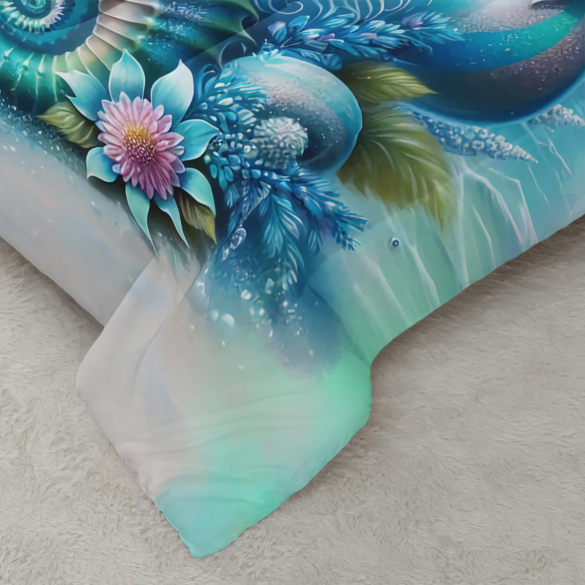 Green Seahorse Comforter 3Pcs Twin Tie-dye Blue Ocean Animal Bedding Set
