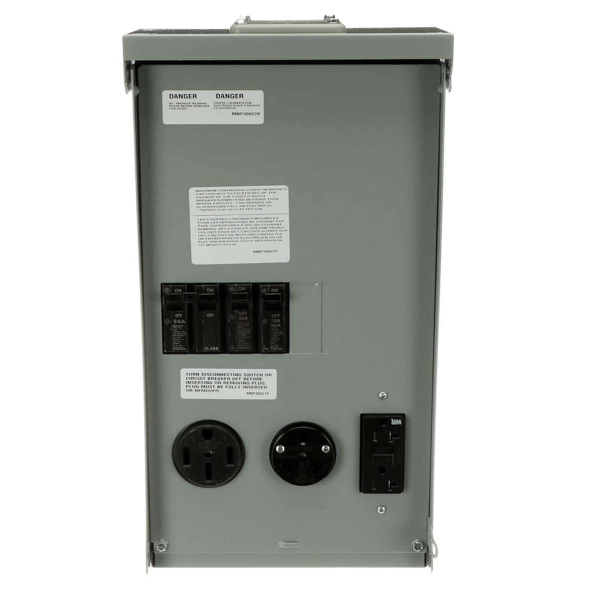 MIDWEST U075CTL010 • Weatherproof RV Power Centre • 100A Twin Lugs • Unmetered N3R Power Supply • Surface Mounted • 10kAIC • 50A/30A/20A breakers with 14-50RWR • TT-30RWR • 5-20R2GFCIWR Receptacles