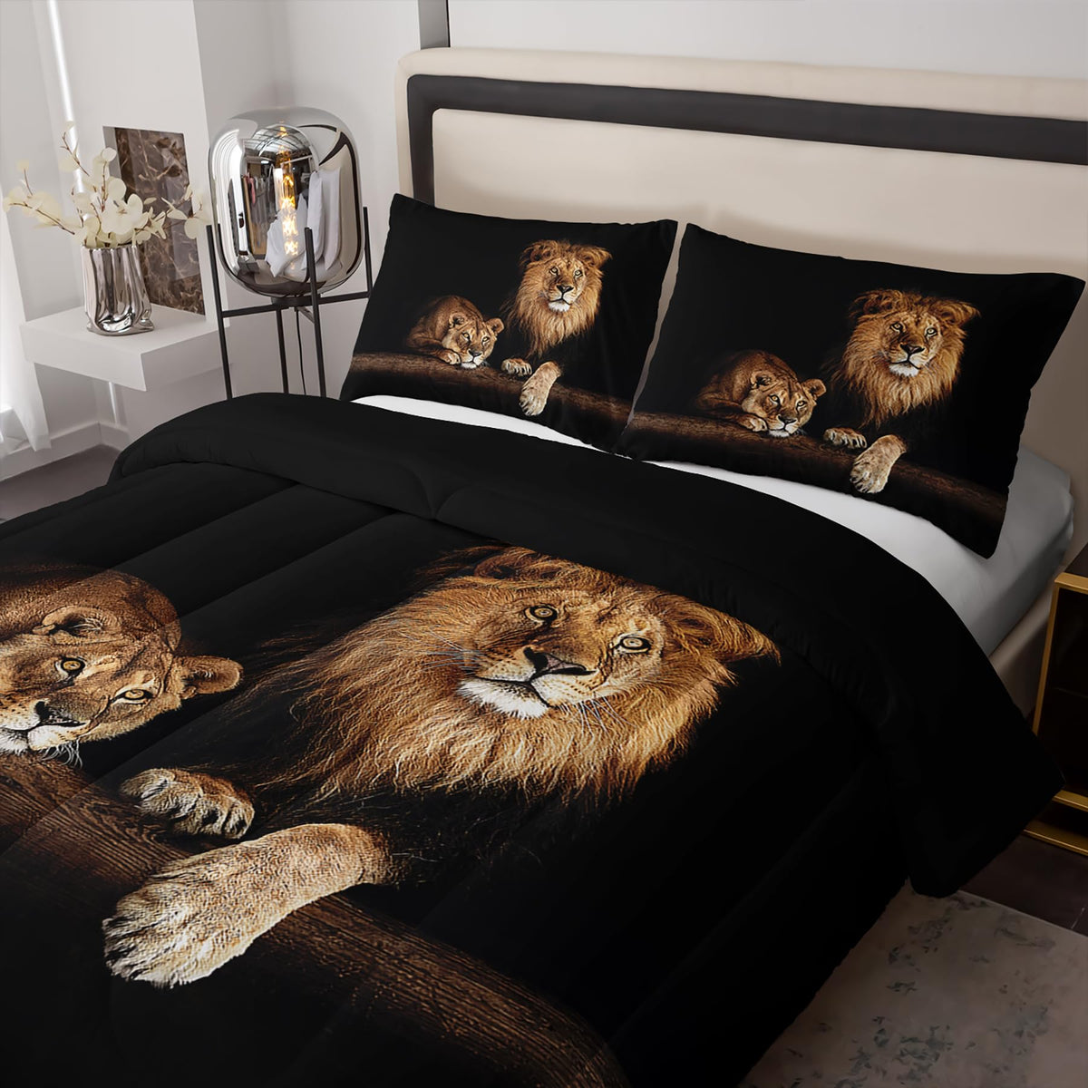 Tuzaovy Lion and Lioness Comforter Set Queen Size,Lion Bedding Set Queen,Queen Animal Print Black Comforter Set,Tropical African Animal 3D Print Bedding Black Bed Set