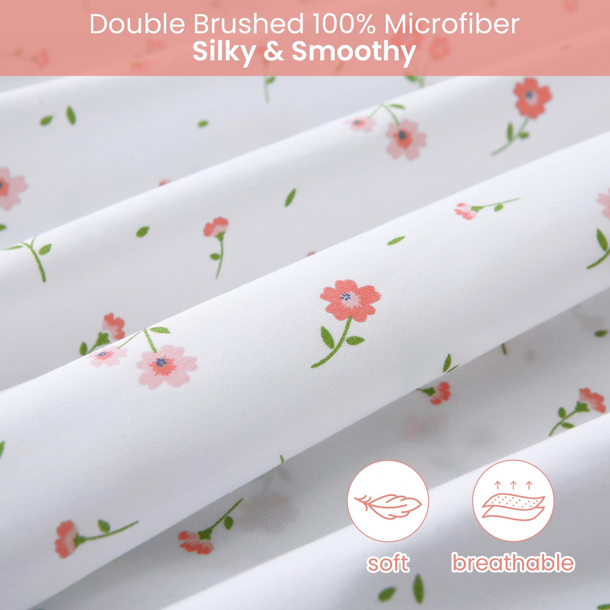 Softan Pink Flower Sheets for King Size Bed - 4 Piece Microfiber Floral Sheet Set with 15" Deep Pocket, Cute Pink Spring Flower Sheets and Pillowcase Set