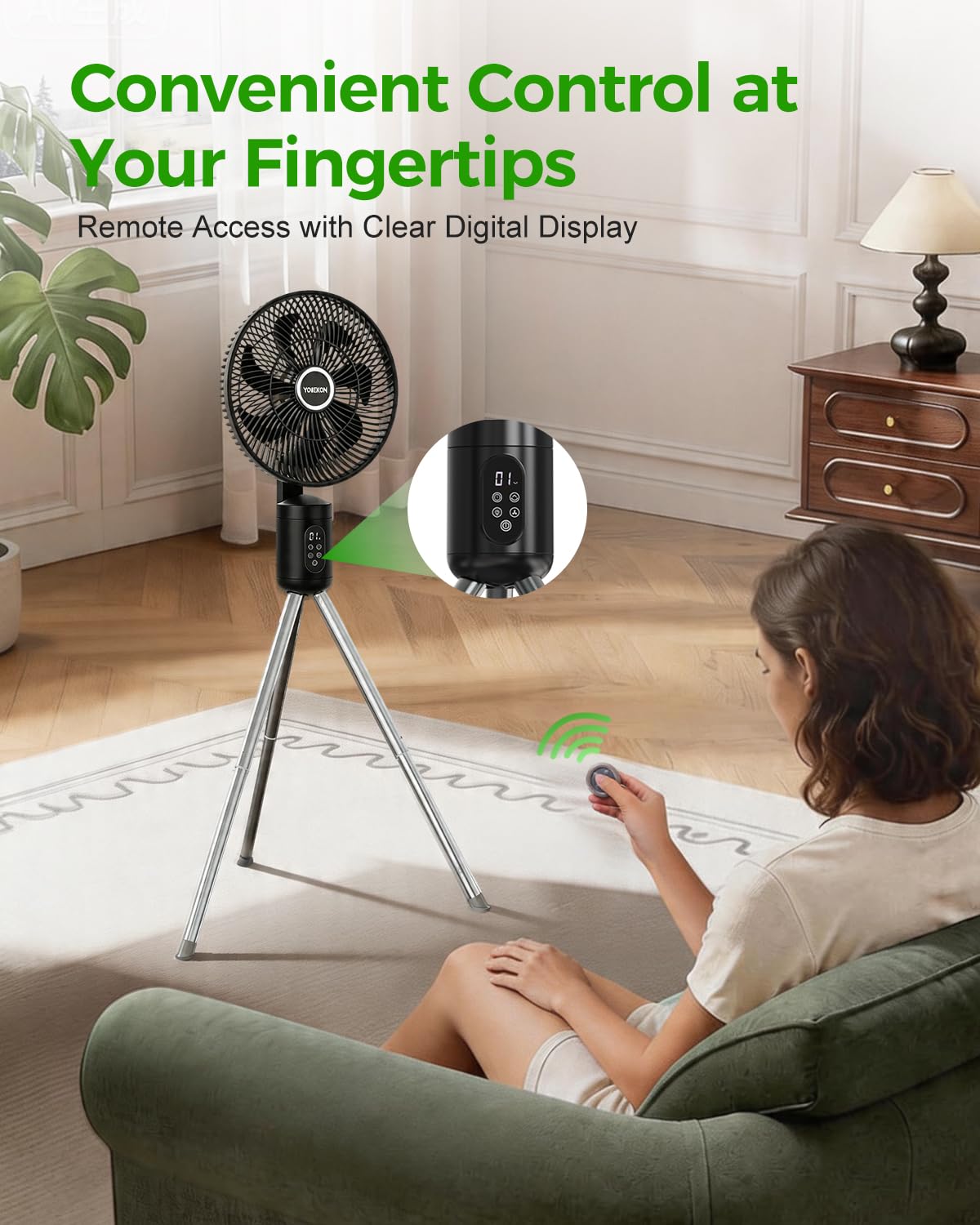 YOKEKON Outdoor Standing Fan for Patio,12" Rechargeable Cordless Pedestal Fan,Hanging 12000mAh Battery Operated Oscillating Fan with Remote,Light, Quiet,8 Speeds,Timer,Gazebo/Deck/Porch/Pergola,Black