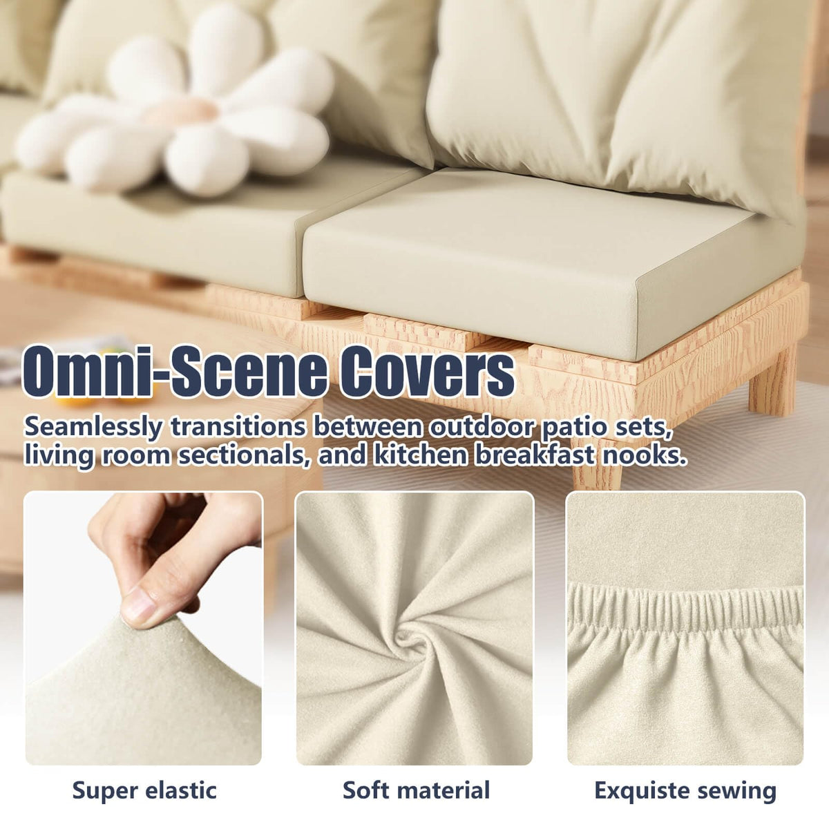 Vorshape 14Pcs Patio Stretch Cushion Covers, Outdoor Couch & Sofa Replacement Slipcovers for Patio Furniture Cushion Covers, Washable Reusable Furniture Protector, Square Large, Beige