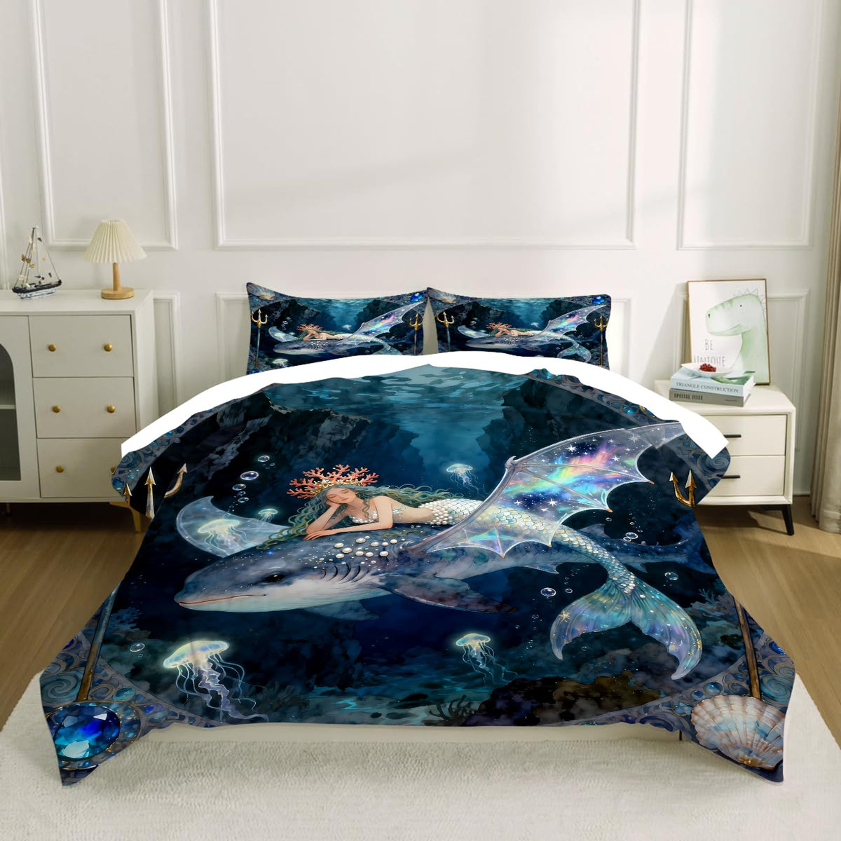 kxry Mermaid King Bedding Sets for Girls Kids, Ocean Fish Scales Quilt, Coastal Nautical Sea Animal Comforter Sets, Cute Jellyfish Duvet, Sparkle Mermaid Fish Scale Soft Comforter, 3 Pcs