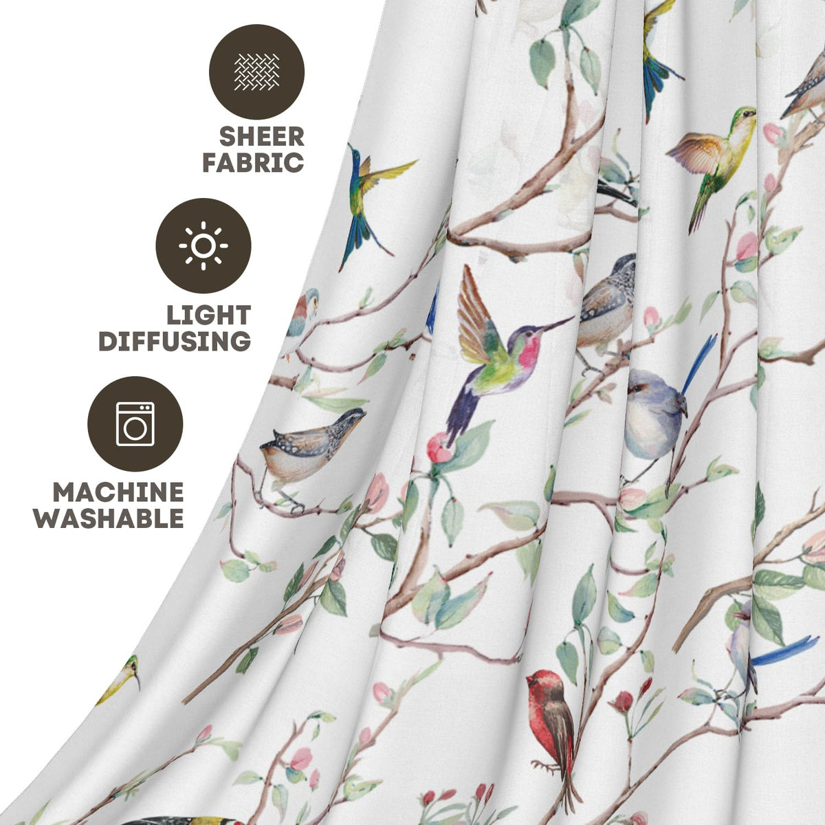 Horaldaily Outdoor Sheer Curtains for Living Room and Bedroom, Birds Branch Floral Window Curtains, Holiday Window Drapes Decor, 52" W x 84" L, Set of 2 Curtain Panels