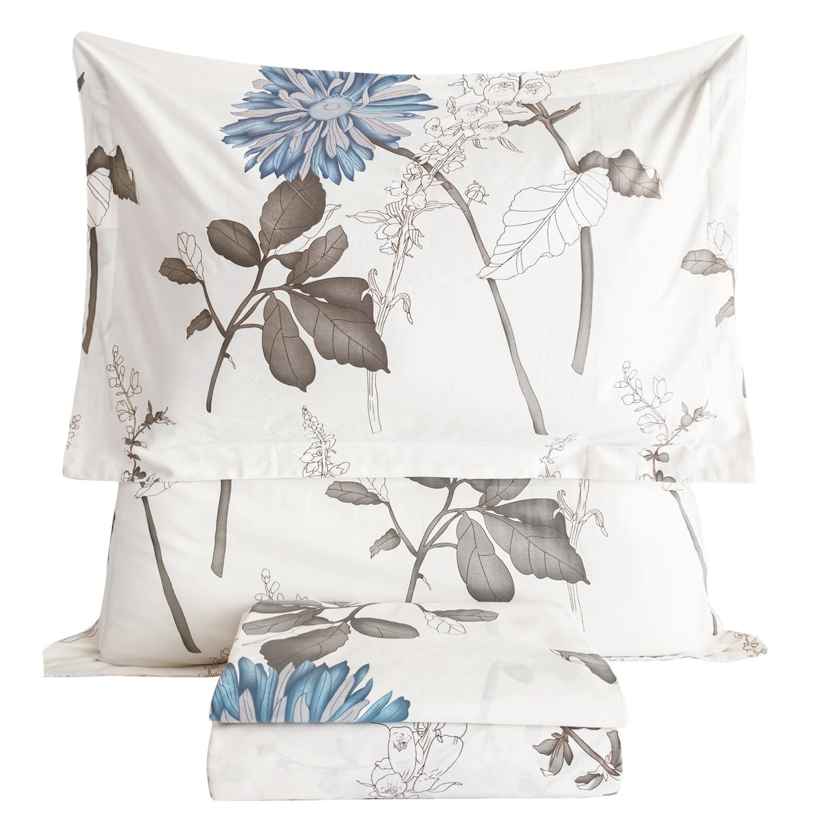 QSH 100% Cotton Sheets for Queen Size Bed, White Floral Plant Pattern Botanical Luxury Cotton Printed Floral Bedding Sheets Queen Soft and Breathable 4pcs Deep Pocket Queen Sheet Set