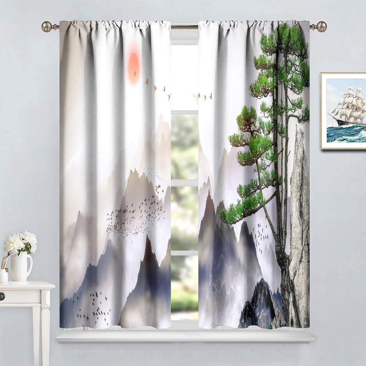 Asian Kitchen Curtains Traditional Chinese Ink Landscape Painting Green Branches and Animal Birds for Living Room Bedroom Blackout Privacy Noise Reduction Curtains 42x45 Inches 2 Panels