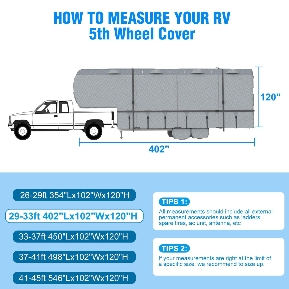 Mofeez 5th Wheel RV Cover 29-33ft, 7 Layers Top Extra-Thick Fifth Wheel Cover, Waterproof Windproof Anti-UV Rip-Stop Toy Hauler Camper Cover with 3Pcs Extra Straps, 6 Gutter Covers & 4 Tire Covers