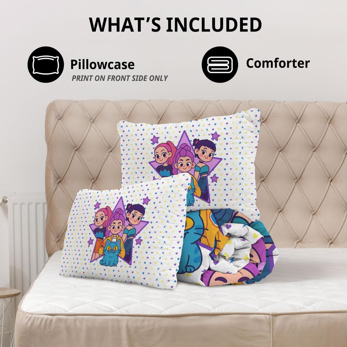 Allenjoy Cute Korean Anime Hunter Comforter Set with 1 Pillowcase for Girls Teens Women Fans Daughter Bedroom Nursery Bedding Room Decor, Machine Washable Durable Twin Size