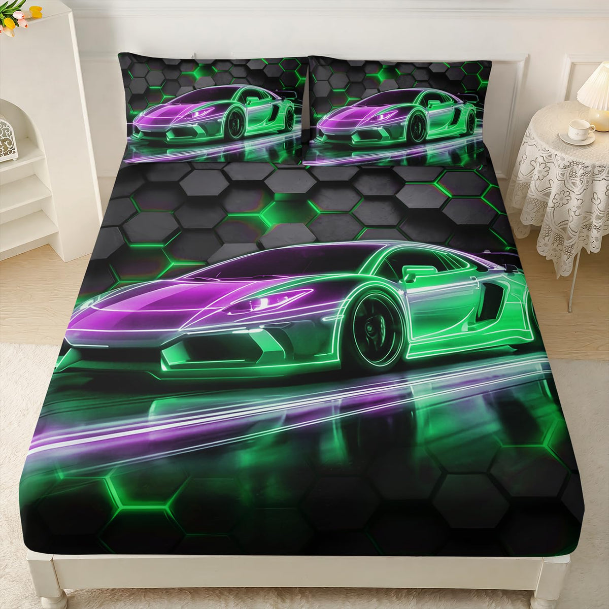 HOSIMA Kids Race Car Twin Fitted Sheet,Hexagon Geometric Honeycomb Pattern Cool Extreme Sports Gaming Bedding for Boys Men Car Room Decor,1 Fitted Sheet+2 Pillowcases.