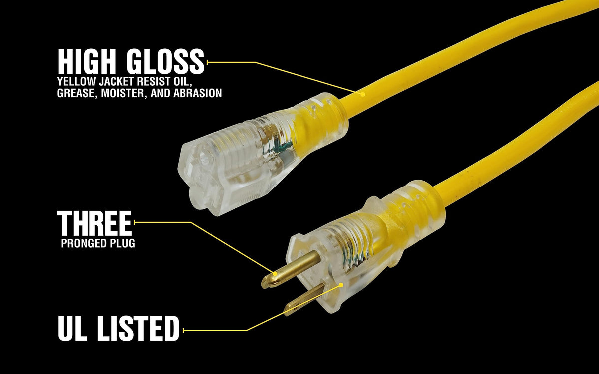 Yellow Jacket 2885 100ft. 12/3 SJTW 15Amp Premium Heavy Duty Contractor Extension Cord, Yellow