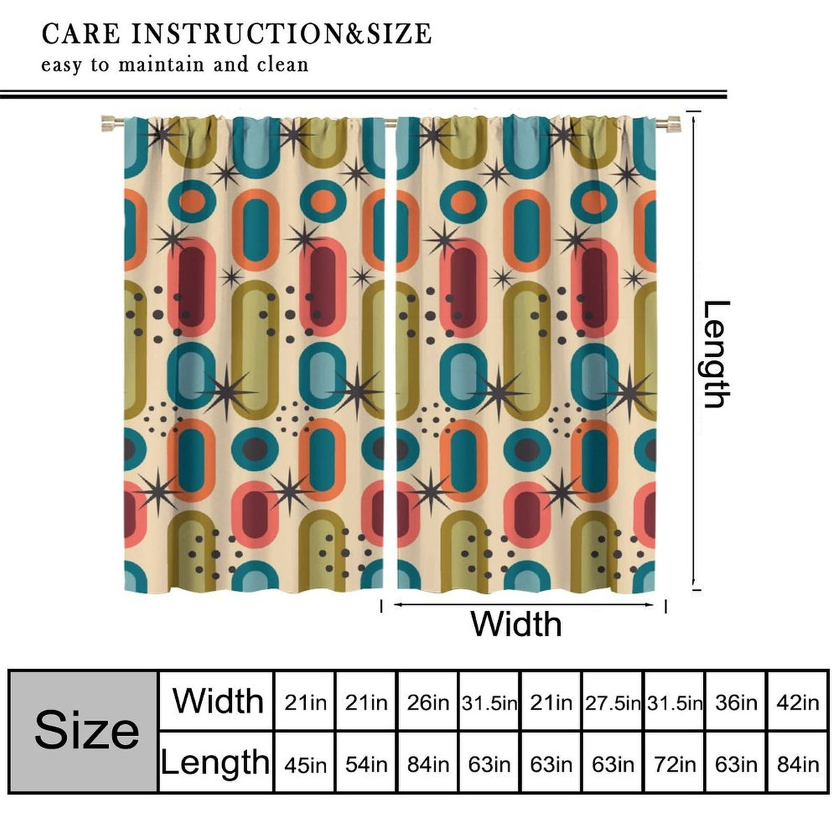 Focusbrite Mid Century Window Curtains,Retro Square Design Modern Style Blackout Window Curtains for Bedroom Living Room Home Set 2 Panels,42x45 Inches