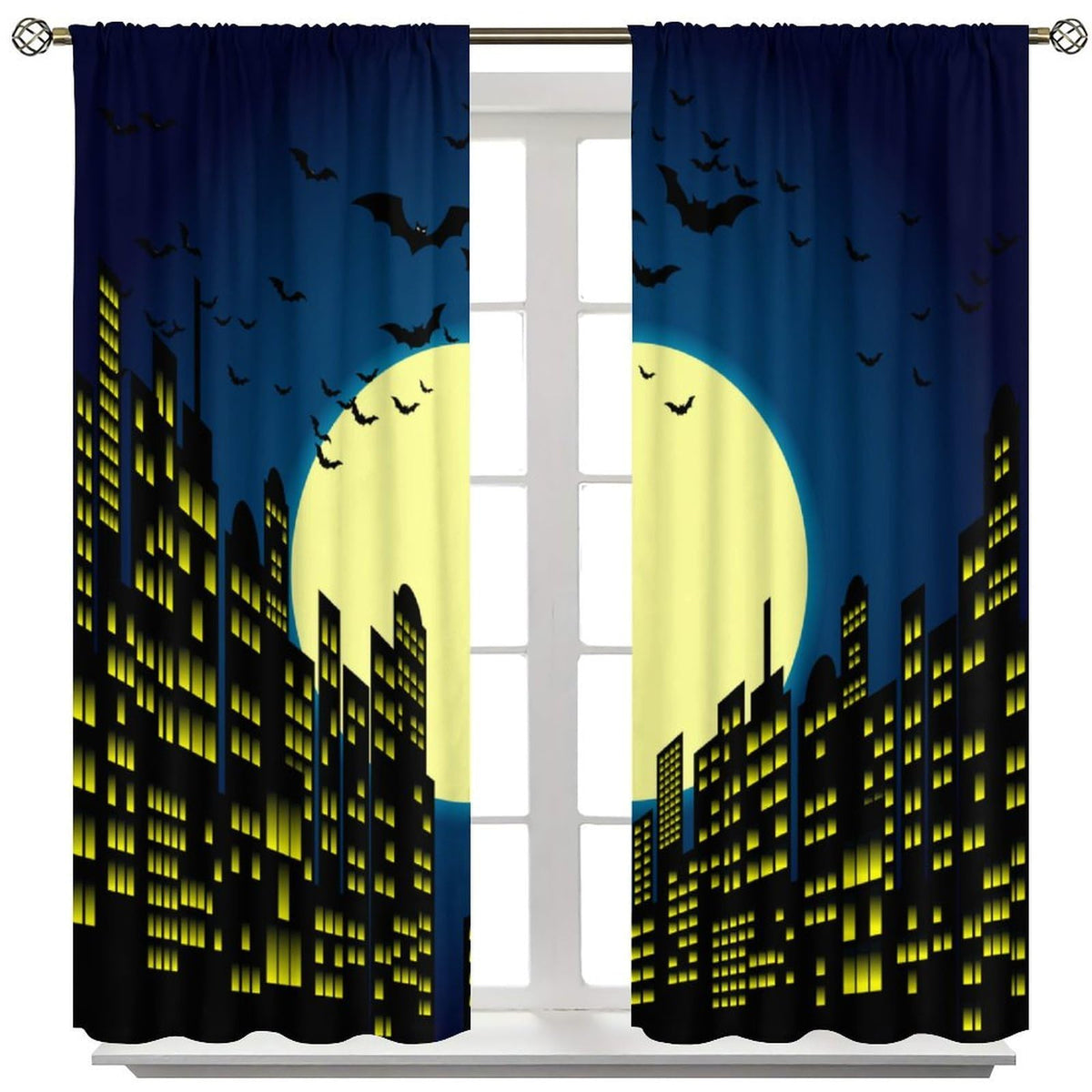 Djaby City Heroes Curtains, Night Bat Heroes Moon Cartoon City Window Treatments for Living Room Kids Boys Bedroom Home 42" W X 45" L(No Blackout)