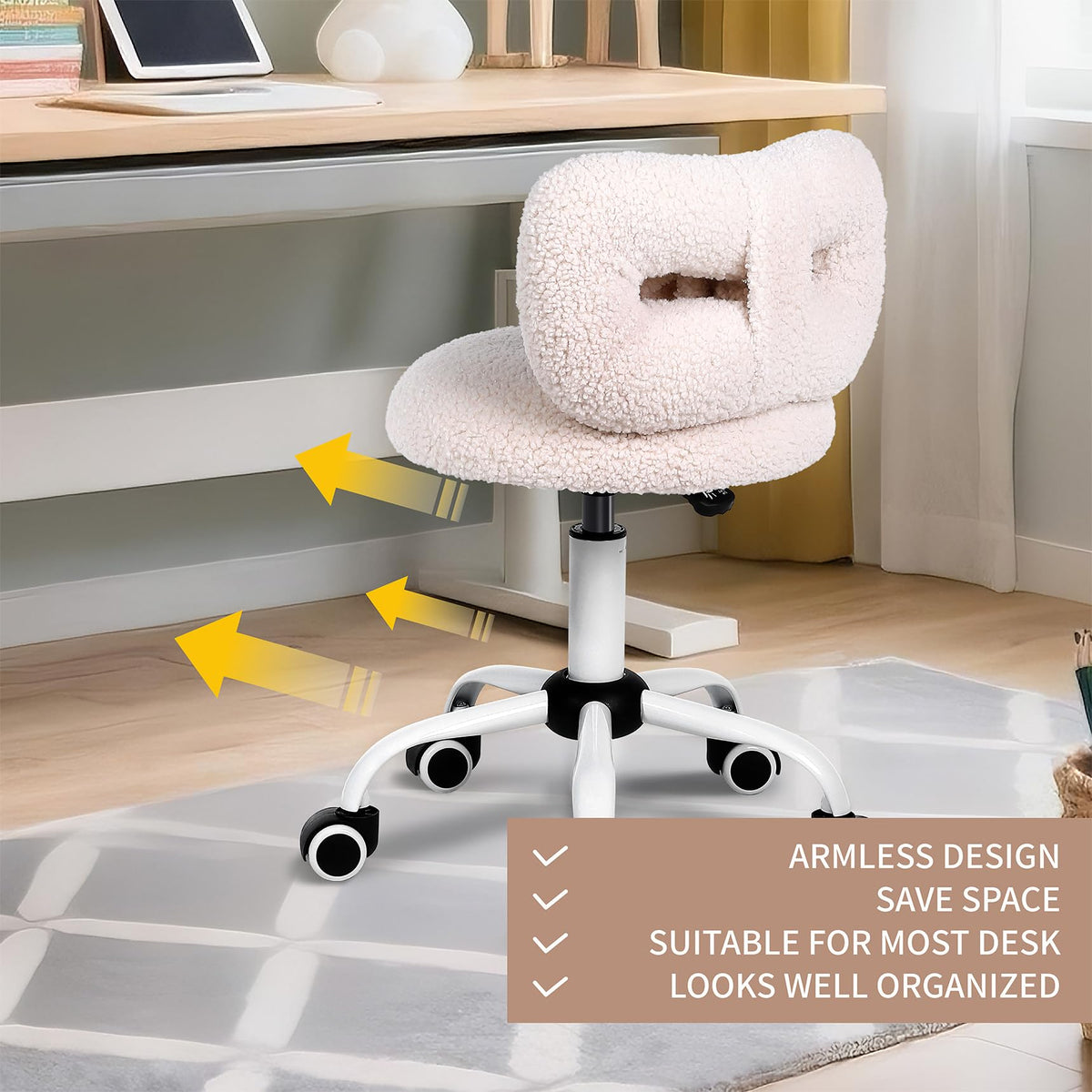 Ermnois Kids' Desk Chair with Bow Design, Cute Upholstered Swivel Chair with Wheels and Adjustable Height, Small Comfy Armless Chairs for Girls/Children (Cream)