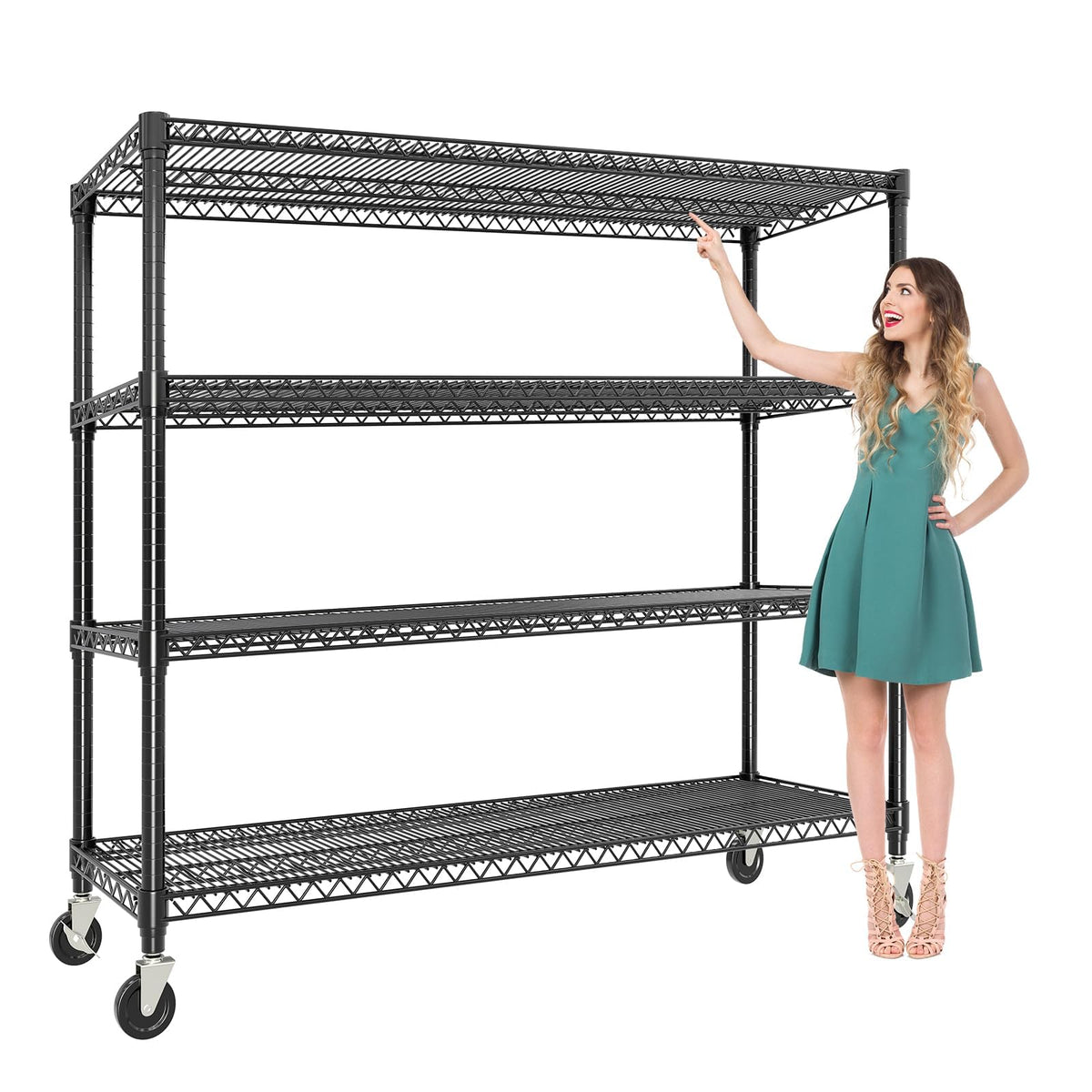 Garvee Metal Shelving 4-Tiers with Wheels, 2640LBS Heavy Duty Storage Shelves for Garage Kitchen, Rolling Shelving Units Wire Rack with Feet, 59" Wx71.8 Hx17.7 D,Adjustable & Easy Assemble, Black