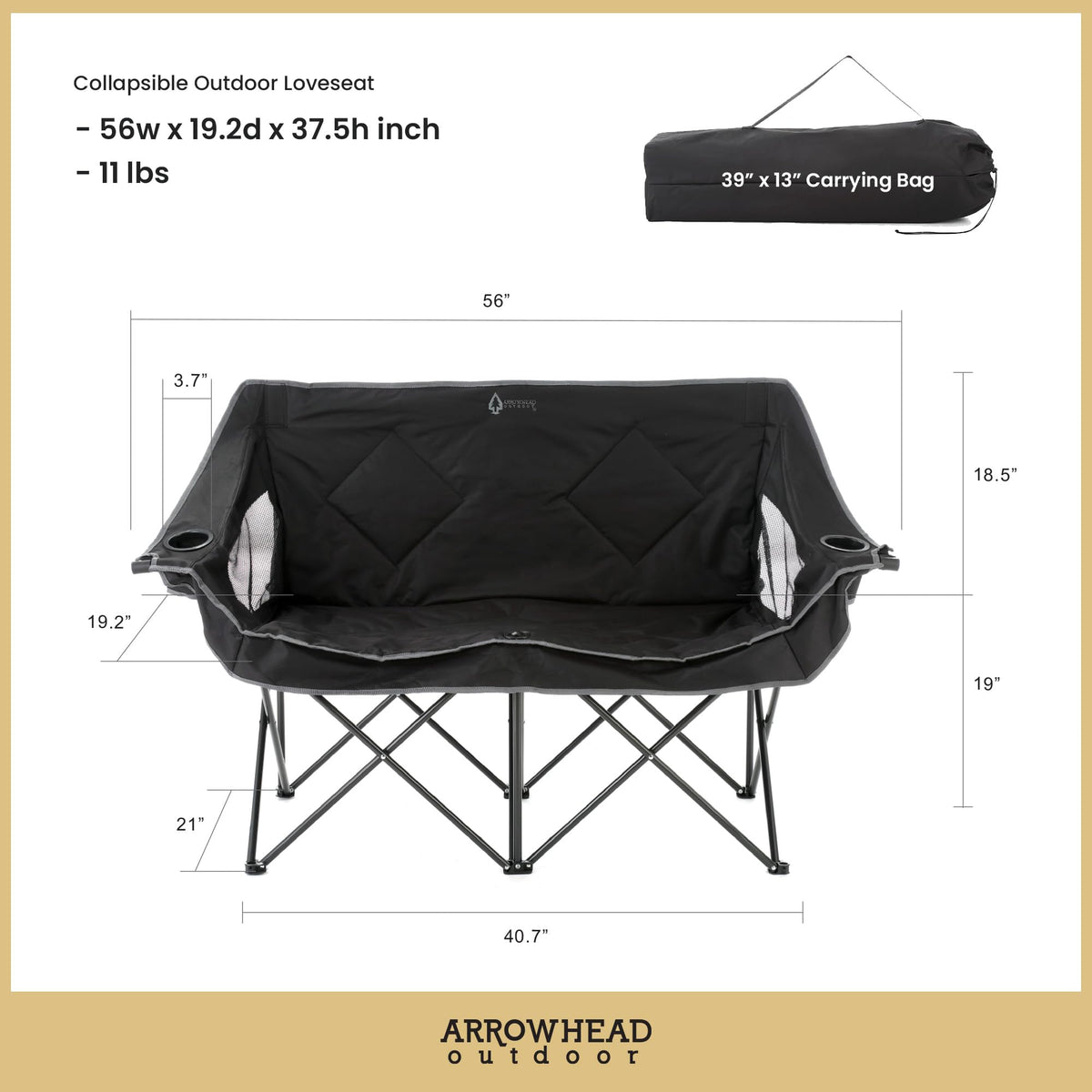 ARROWHEAD OUTDOOR 2-Pack Portable Folding Double Duo Camping Chair Loveseat w/ 2 Cup & Wine Glass Holder, Carrying Bag, Supports up to 650lbs
