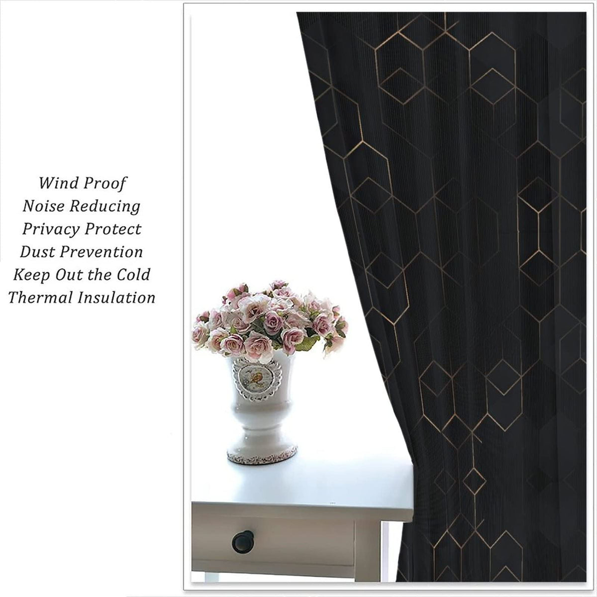 Luxury Abstract Blackout Curtains,Black Golden Light Lines Geometric Texture Illustration Blackout Window Door Curtains for Living Room Bedroom Decor W42xL45in