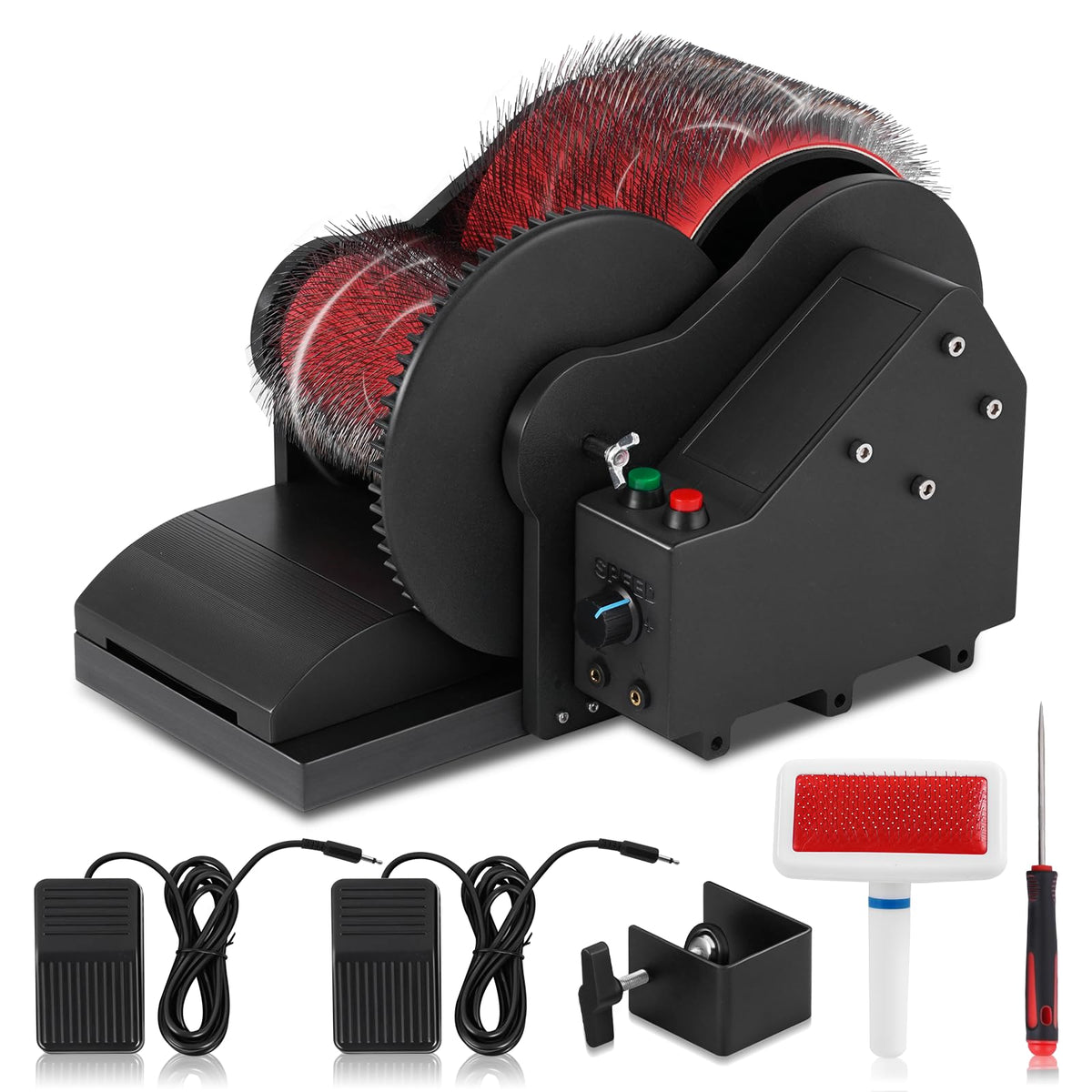 Consfly Electric Wool Drum Carder Wool Carding Machine w/Brush, Awl & 2 Foot Switches, 0-56 RPM Fiber Combing Machine for Blending Mixing