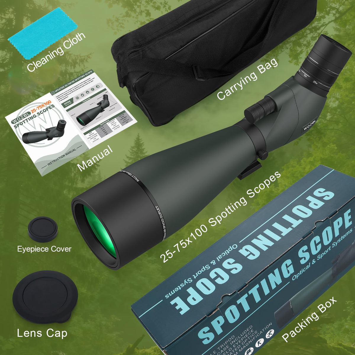 WOZEL 25-75x100 Spotting Scopes for Bird Watching - 45 Degree Angled BAK4 Prism High Definition Waterproof HD Spotter Scope for Bird Watching with Carrying Bag