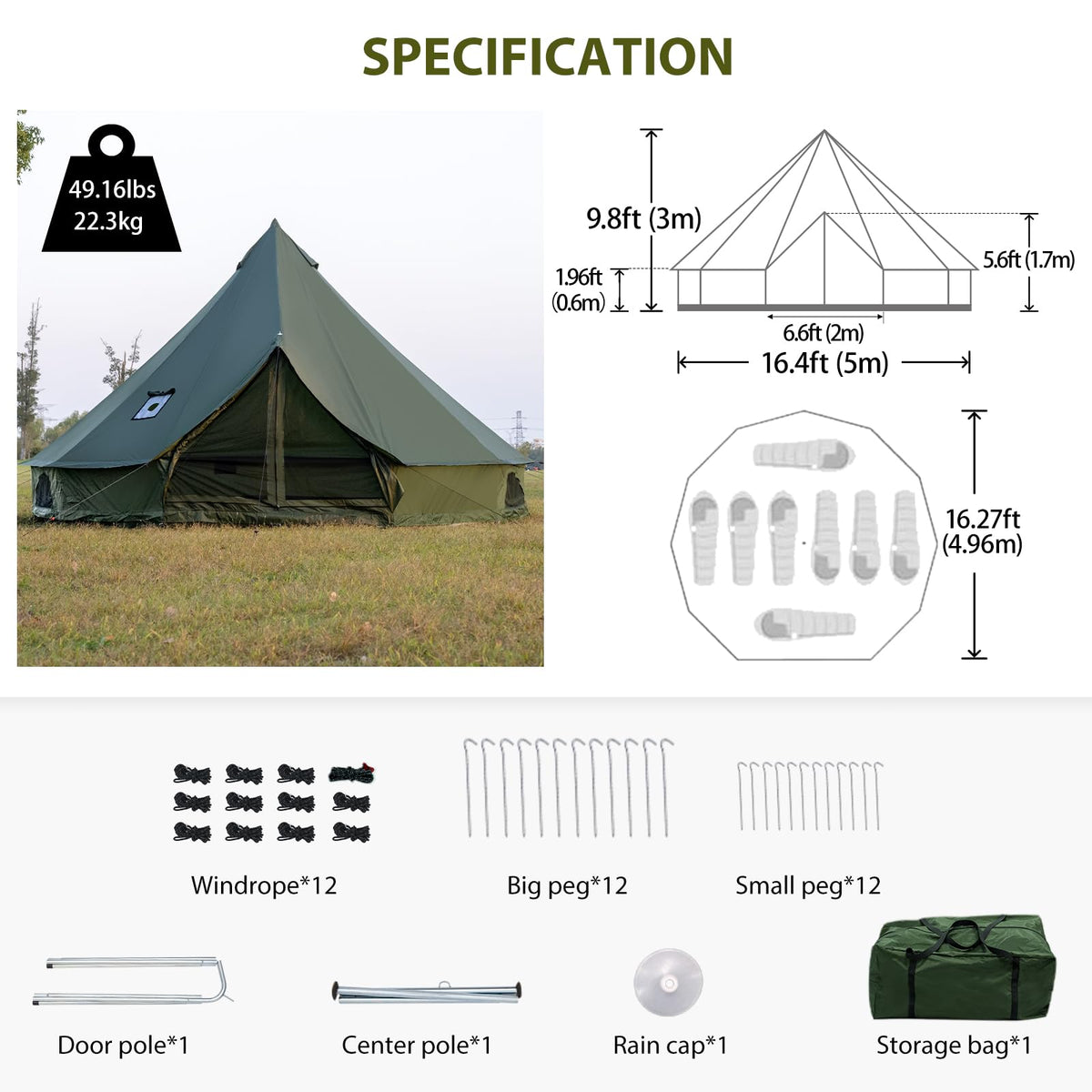 Bell Tent with Stove Jack, Spacious 16.4ft Family Glamping Yurt, 6-8 Person, 4 Season, Easy Setup, Waterproof, Ventilated Outdoor Shelter(16.4ft(Green))