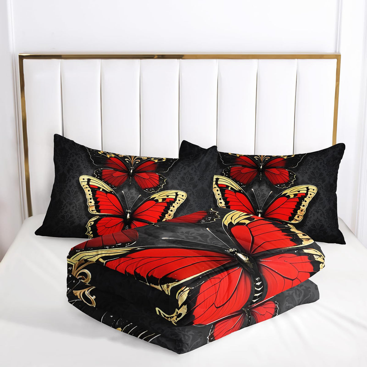 lneffble Red and Gold Butterfly Comforter Sets Full Size Bed Set，Gothic Full Size Bedding Set，with 1 Comforter with 2 Pillow Case，Butterfly Themed Bedroom Decor