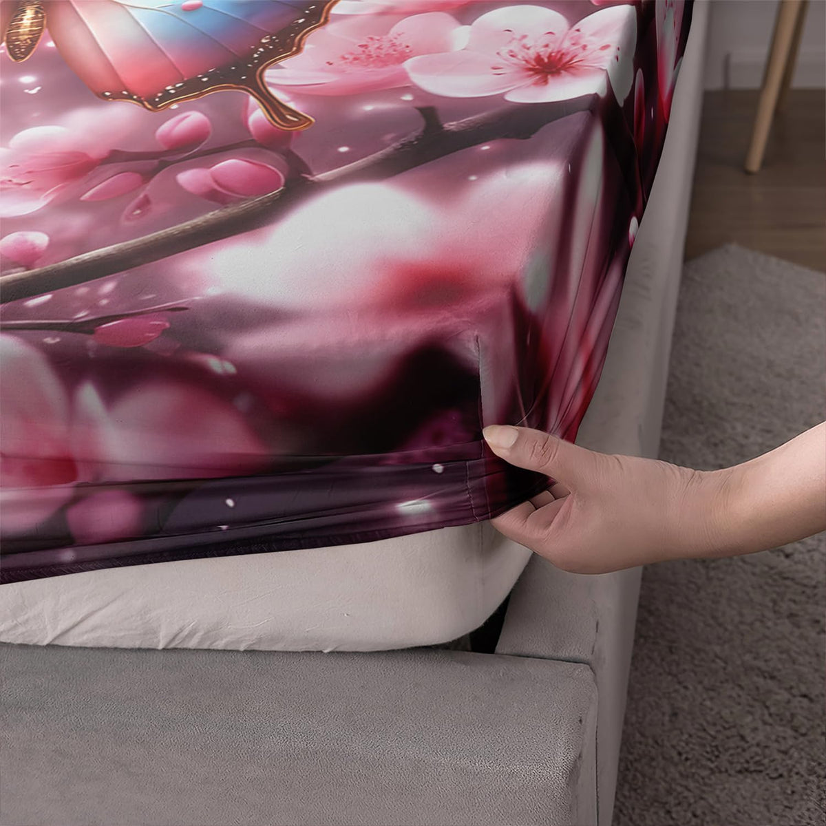 AILONEN Butterfly Butterfly Fitted Sheet Set for Girls,Pink Cherry Blossoms Butterflies Bedding Set Gifts Twin XL Size,Romantic Moments Bed Sheet Set for Cat Lovers,1 Sheet Set + 2 Pillowcase