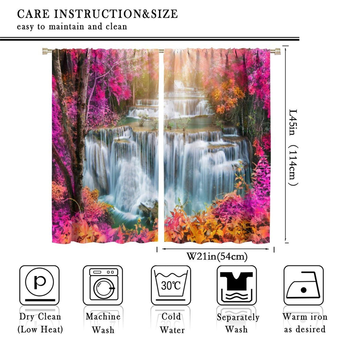 Focusbrite Waterfall Curtains，Spring Nature Theme Pink Floral Forest Landscape Scenery Pattern Waterproof Fabric Rod Pocket Window Drapes for Bedroom Living Room Cafe Set 2 Panels,42x45 Inches