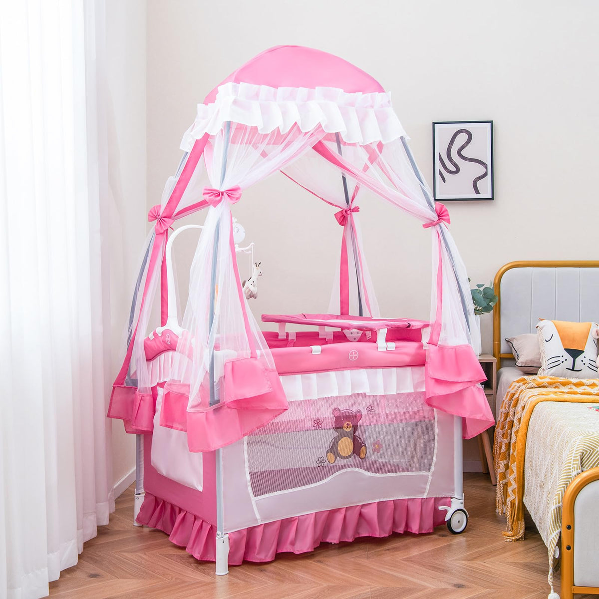 HONEY JOY 4-in-1 Pack and Play with Canopy, Portable Baby Playard w/Changing Table and Infant Bassinet, Cute Toys & Music, Foldable Bassinet for Newborn and Toddler (Hot Pink)