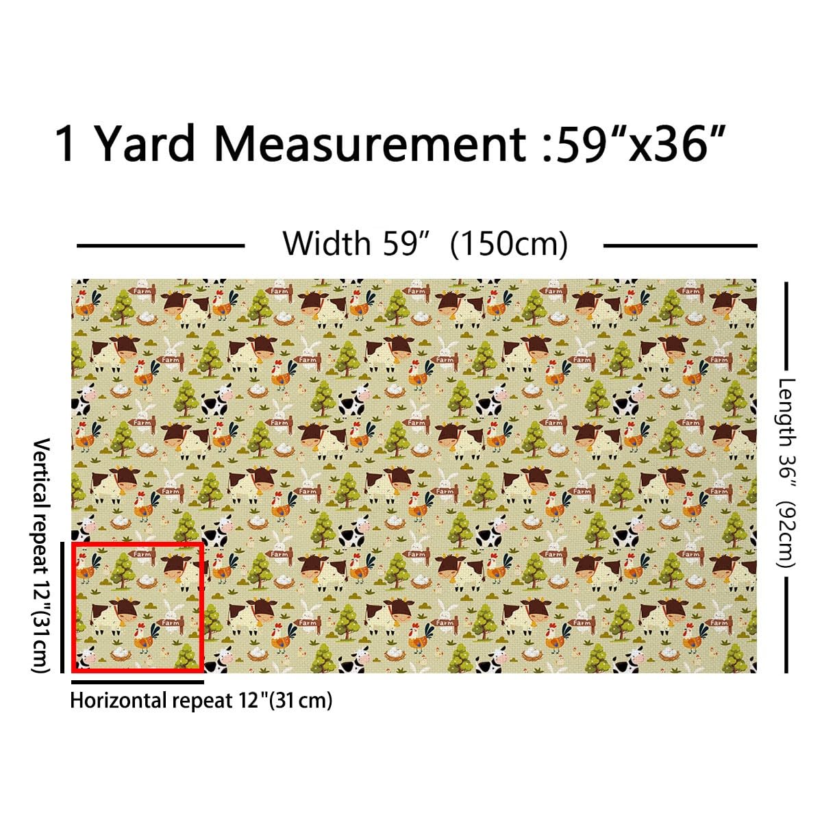 Cartoon Cow Fabric by The Yard Cute Chicken Rabbit Farm Animals No Stretch Sewing Fabric Watercolor Green Trees Rustic Farmhouse Soft Flannel Polyester Fabric for DIY Projects 1 Yard Pre-Cut,36x59