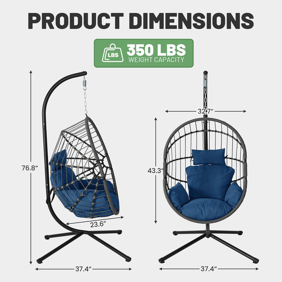 LEX CRAFT Hanging Egg Chair with Stand, Swinging Egg Chair Outdoor Indoor, Hanging Basket Chair with Cushion, Patio Wicker Hammock Chair 350lbs Capacity (Grey-Blue)