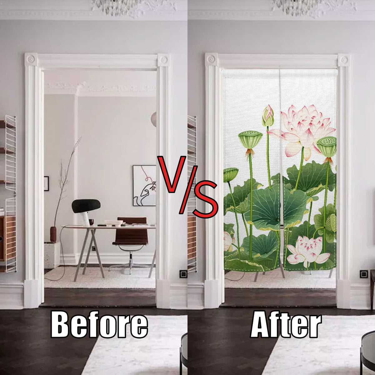 XMJJKUF Noren Japanese Doorway Curtain Chinese Traditional Lotus Printed Style Door Curtain Feng Shui Tapestry Window Bedroom Partition Kithchen Bathroom Door Decor,33.5"x 70.9"