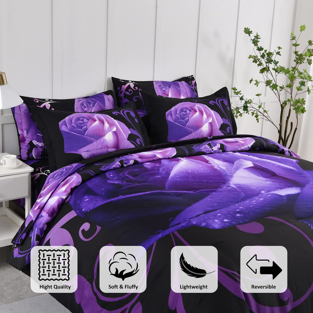 Floral Comforter Set California King 7 Piece Bed in a Bag Purple Rose Flower Comforter with Sheet Set Soft Micorfiber Bedding Set (1 Comforter,2 Pillow Shams,1 Flat Sheet,1 Fitted Sheet,2 Pillowcases)