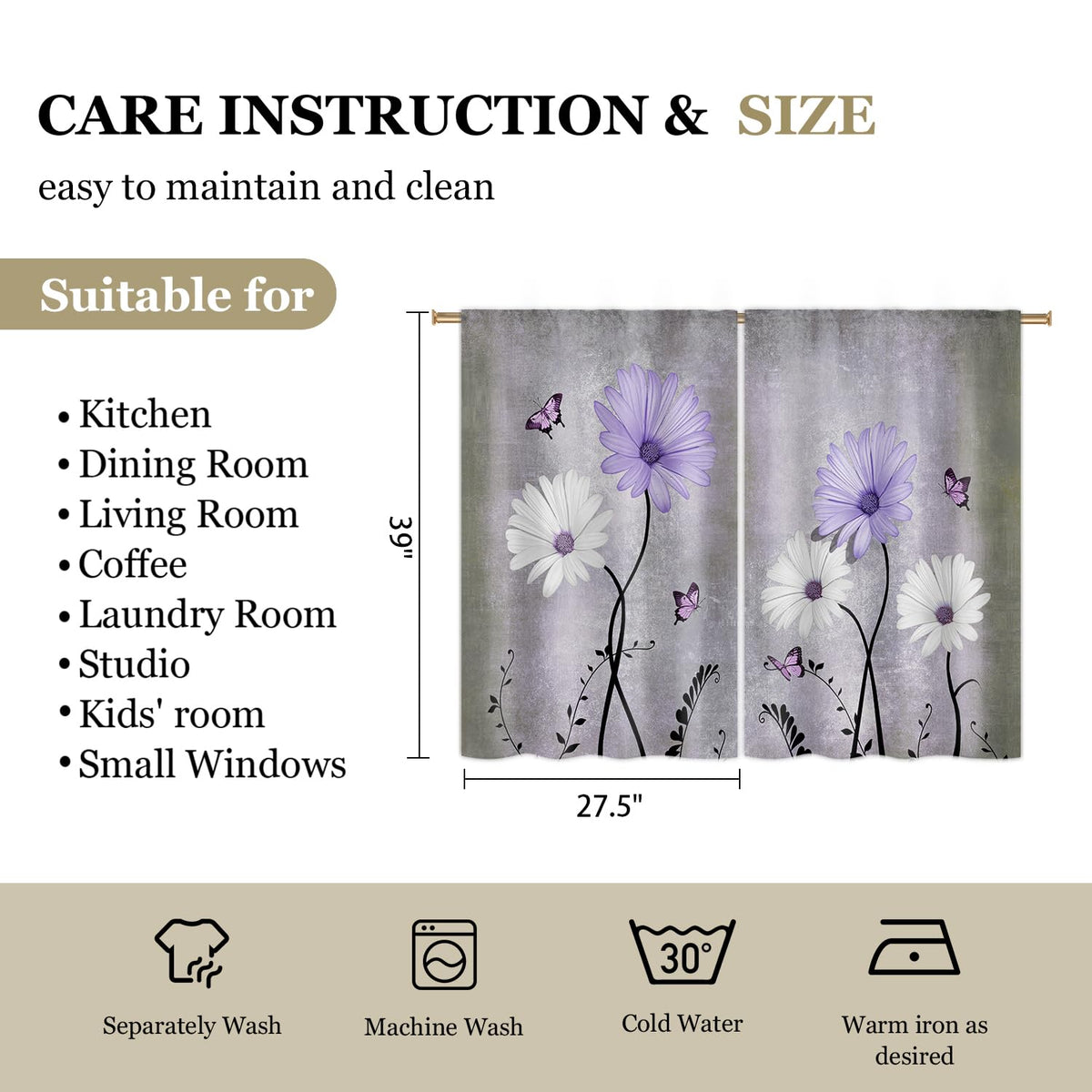 Cizuug Purple Daisy Rustic Farmhouse Kitchen Curtains Watercolor Floral Flower Small Short Cafe Window Curtains Butterfly Country Bathroom Drapes Treatment Tier Curtains 2 Panels