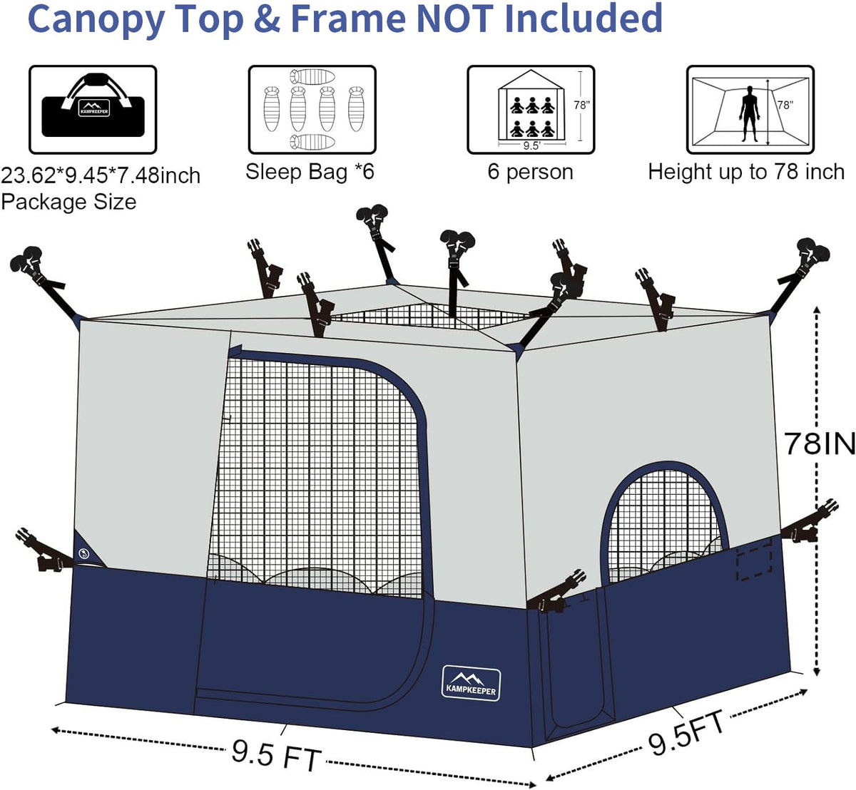 KAMPKEEPER Camping Inner Tent for Pop Up Canopy, Converts 10'x10' Straight Leg Canopy into Camping Tent–Fully Vented Roof(Top & Frame NOT Included) (Navy Blue, with Dog Hole)