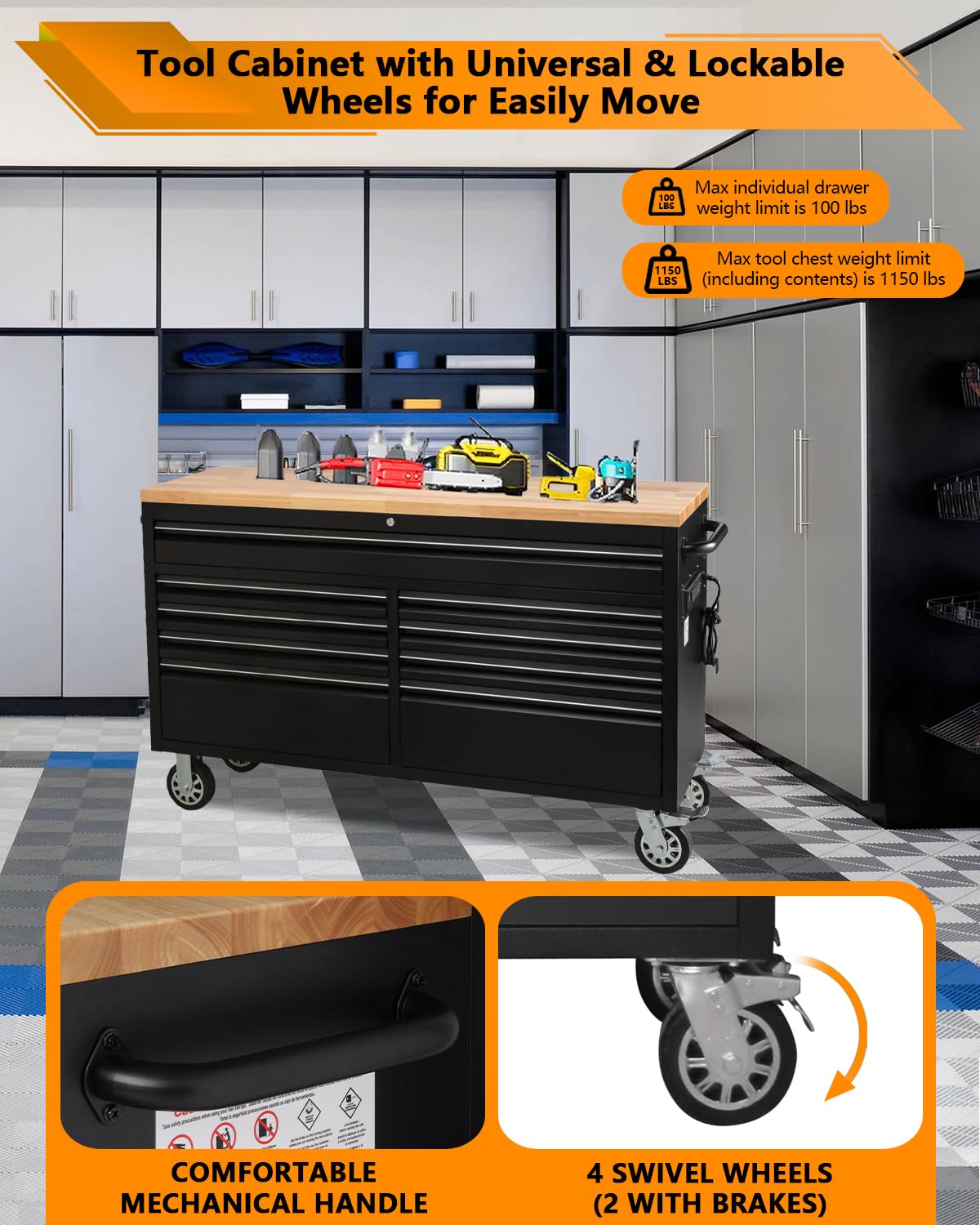 61" Rolling Tool Chest with 9 Drawers - Heavy-Duty Steel & Rubber Wood Workbench on Wheels, Garage Workbench with Key Locking System, Drawer Liners for Warehouse Repair Shop, Matte Black