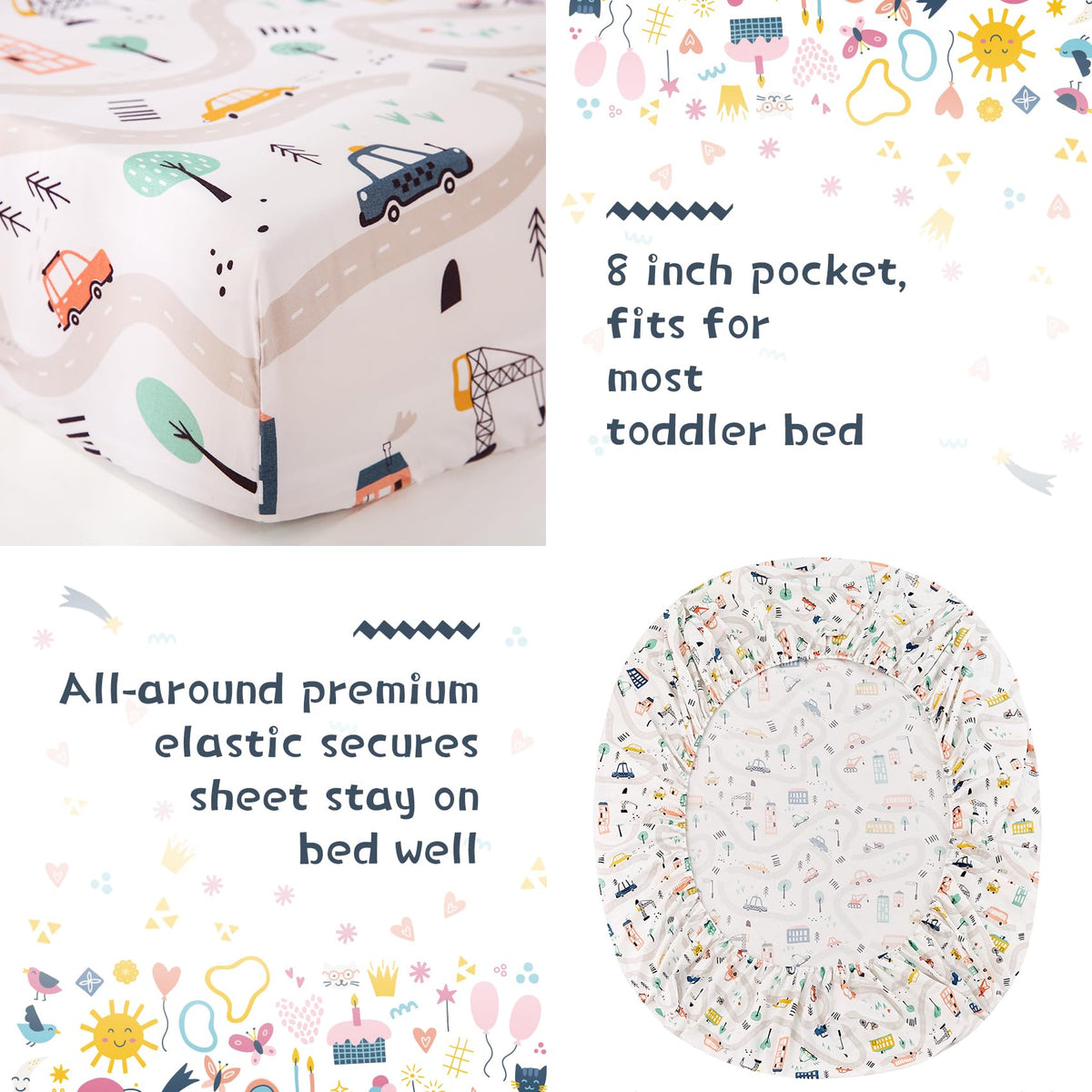 JSD Car Toddler Bedding Set, 4 Piece Bed-in-a-Bag Toddler Microfiber Comforter Sheet Set, All Season Machine Washable