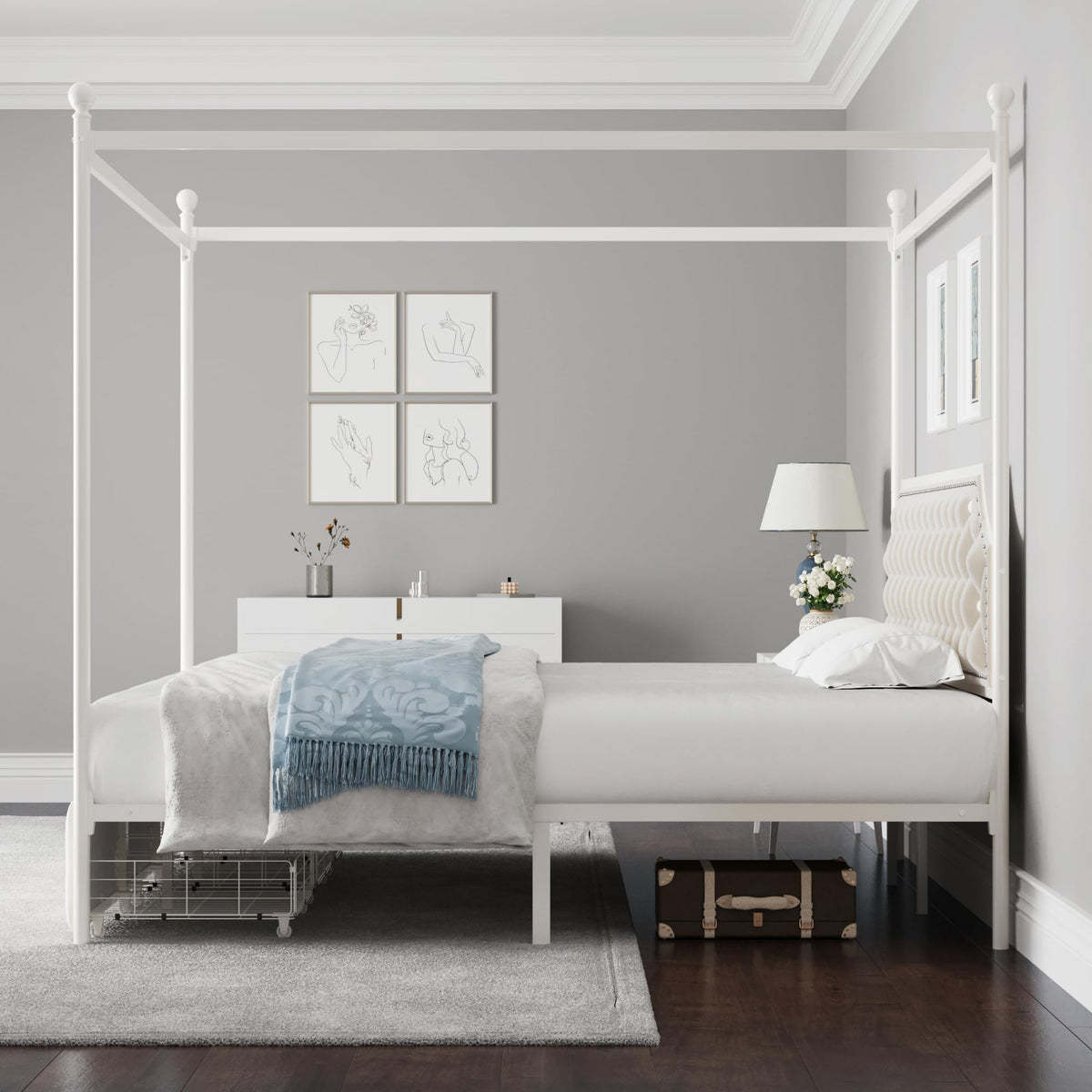 Keyluv Full Upholstered Canopy Bed Frame with 2 Storage Drawers & Button Tufted Headboard, Metal Platform Bed with 4 Removable Posts, Two-Purpose Velvet Bed, Beige/Curtain Not Included