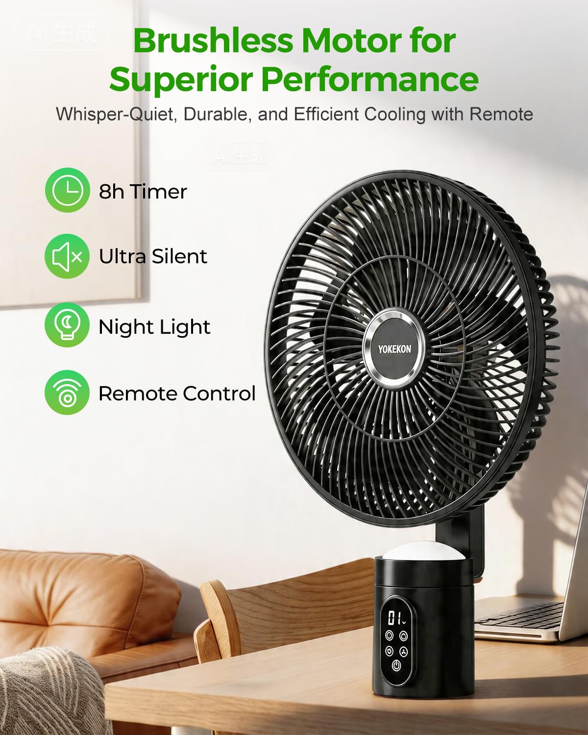 YOKEKON Outdoor Standing Fan for Patio,12" Rechargeable Cordless Pedestal Fan,Hanging 12000mAh Battery Operated Oscillating Fan with Remote,Light, Quiet,8 Speeds,Timer,Gazebo/Deck/Porch/Pergola,Black