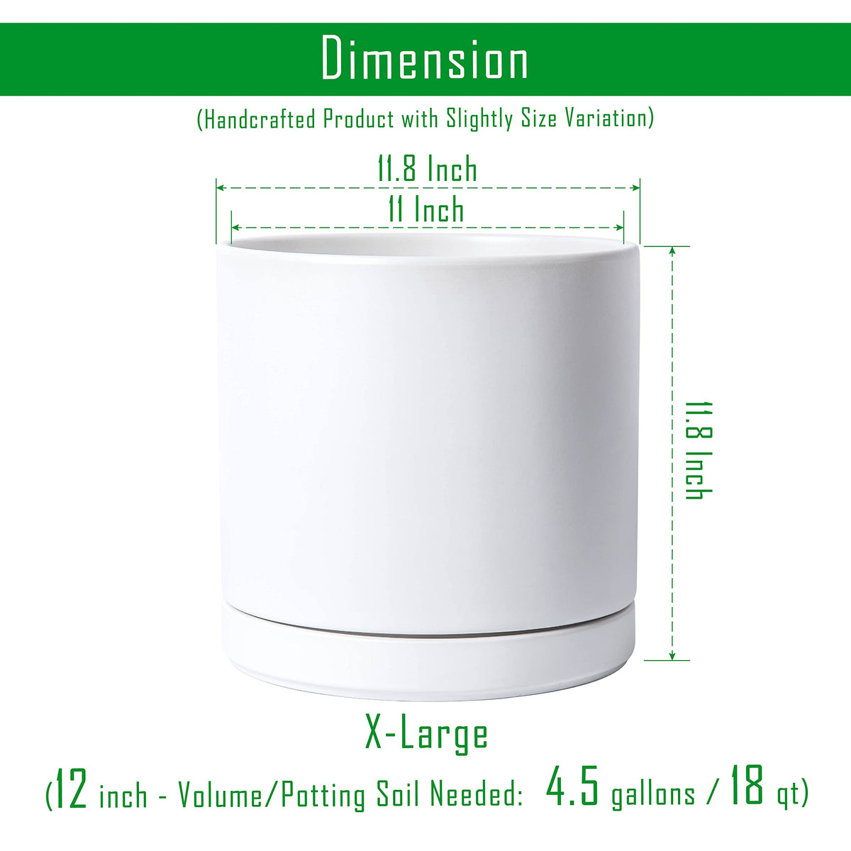 D'vine Dev 12 Inch Ceramic Planter Pot with Drainage Hole and Saucer, Indoor Cylinder Round Planter Pot, White, 94-O-F-1