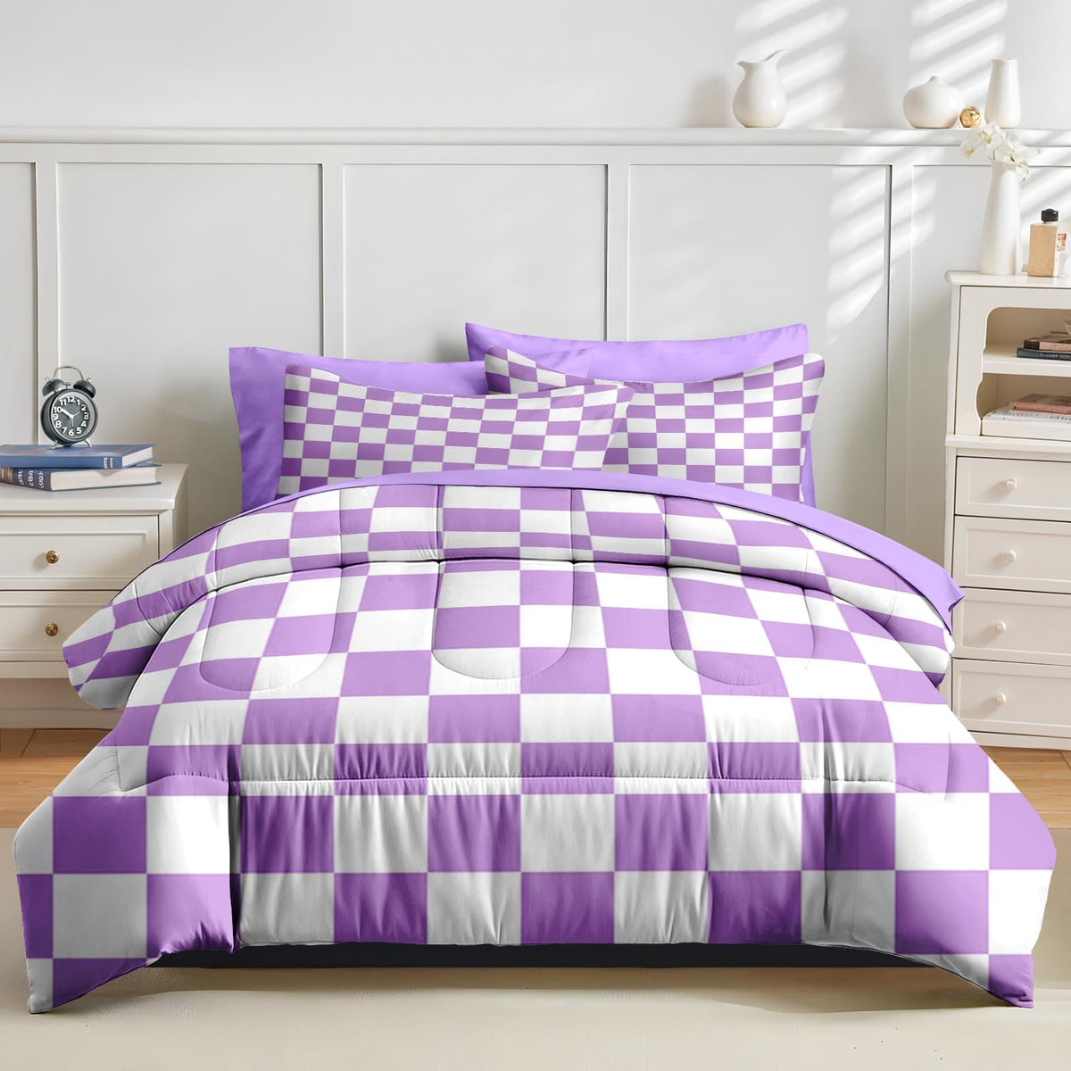 Nesker Comforter Set Full Size, Purple Plaid Gingham 7 Pcs Bedding for Kids and Adults, Checkerboard Grid Bed Sheet Sets with Fitted Sheet 2 Pillowcases & 2 Shams