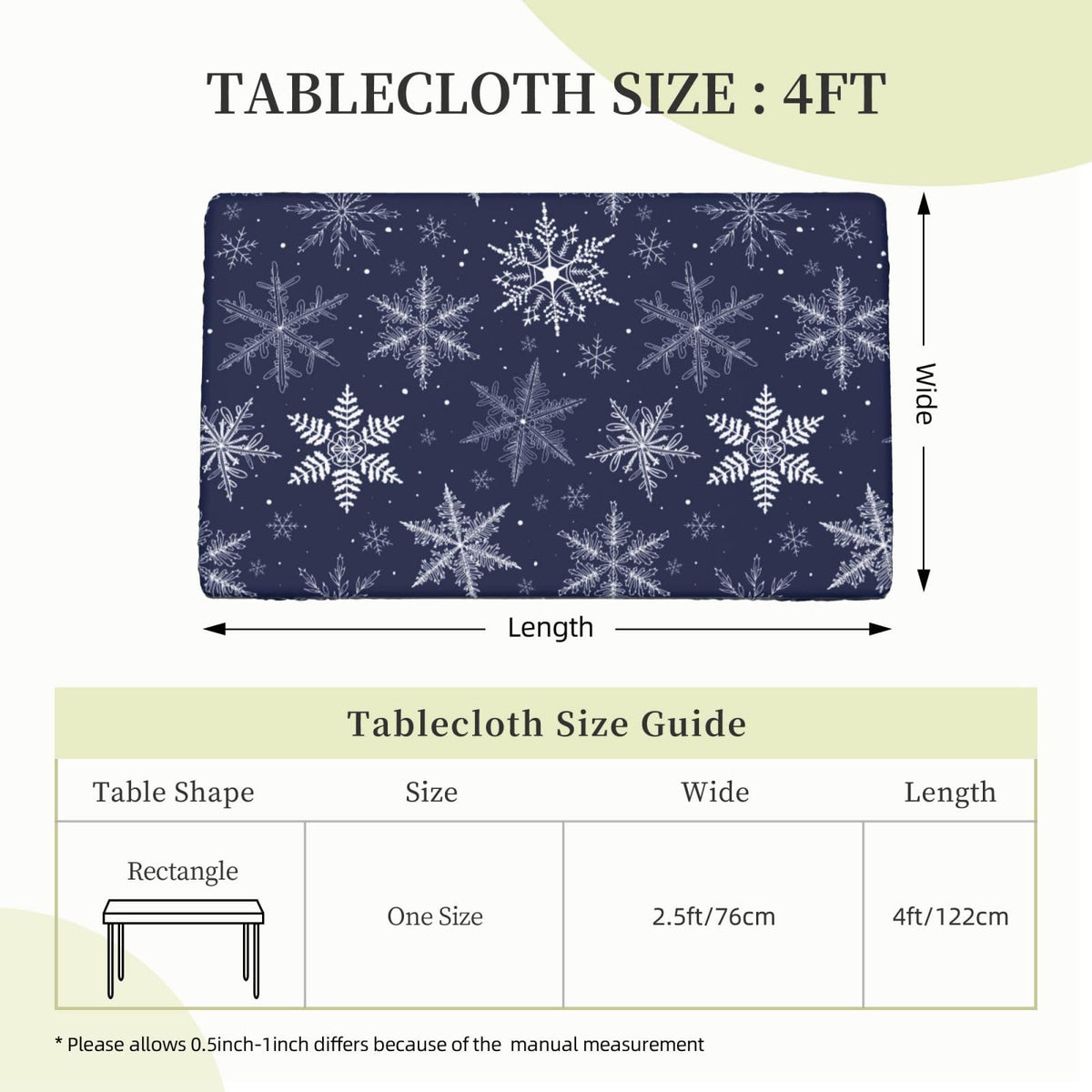 Fiokroo Winter Snowflakes Blue Tablecloth with Elastic Edge for 4ft Rectangle Table, Table Cloth Christmas Washable Table Cover for Kitchen Dining Party Outdoor Picnic Decoration, 48" L X 30" W