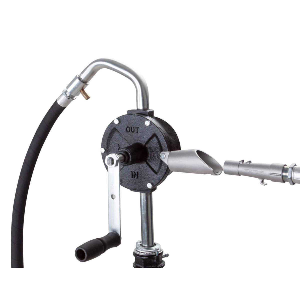 Groz Industrial Rotary Fuel Pump, FM-Approved Cast Iron, 3-Vane, 38 LPM/10 GPM, 8 ft Anti-Static Hose, Aluminum Nozzle, Vacuum Breaker & Flame Arrestor, 2 in Bung, Fits 15-55 Gal Drums (44082)