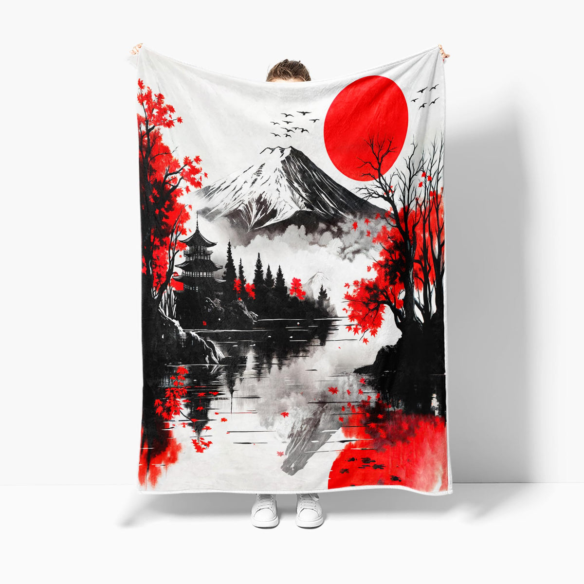DYNH Japanese Mount Fuji Red Maple Leaf Red Sun Lake Reflection Torii Gate Ink Painting Style Throw Blanket, Cozy Fleece Blanket for Couch Bed Sofa, Asian Decor Gift for Bedroom Living Room,50X60