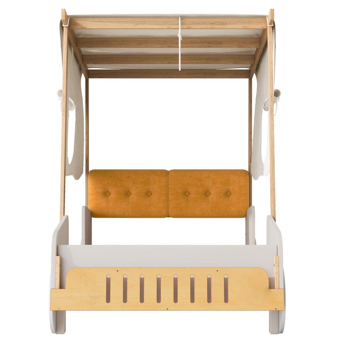 Harper & Bright Designs Twin Size Car Bed with Pillow, Ceiling Cloth, Twin Wooden Kids Playhouse Bed Frame, Wood Twin Platform Bed for Boys Girls Teens (Natural, Twin)