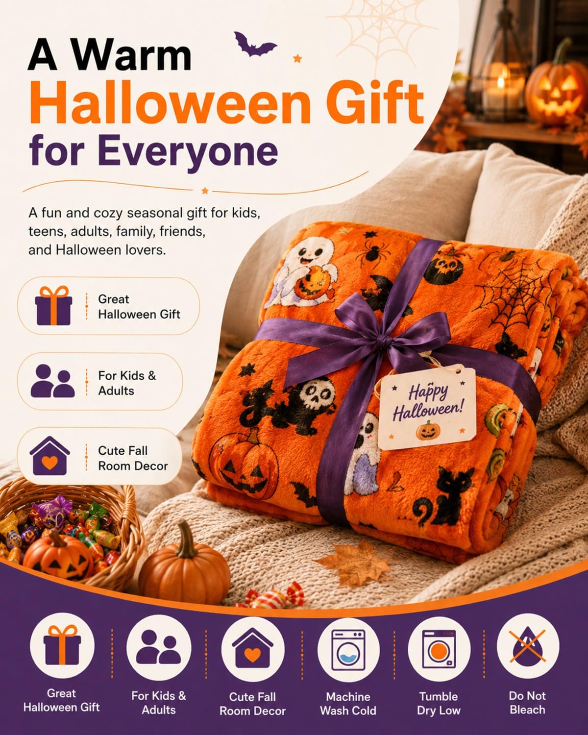Halloween Throw Blanket Couch Cozy Flannel Decoration for Party Bed Soft Flannel Ghost Blanket Halloween Harvest Gifts Horror Ghost Bat Pumpkin(Model4,60x80in)