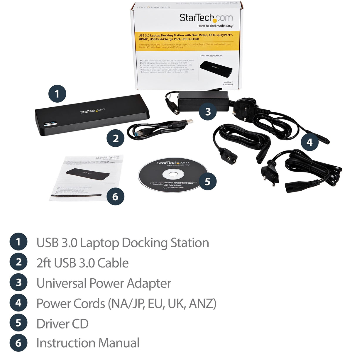 StarTech.com USB 3.0 Docking Station - 4K - HDMI / DisplayPort - with Fast Charge / Ethernet / Audio - Universal Docking Station