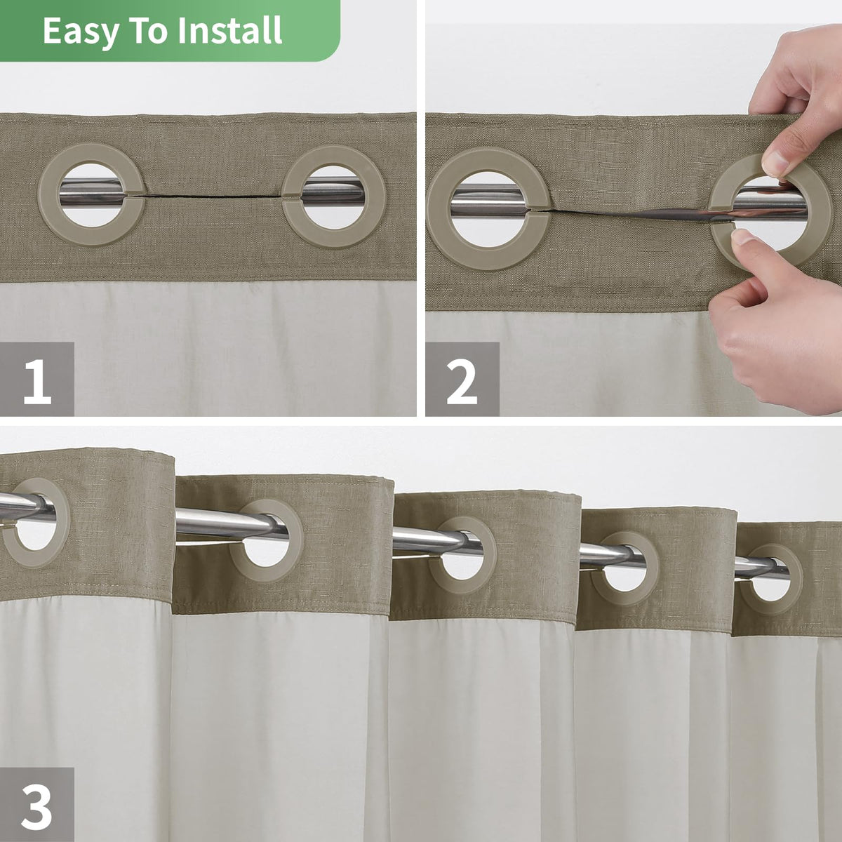 eachope No Hook Shower Curtain with Snap-in Fabric Liner Set,Slub Textured Fabric Shower Curtains for Bathroom,Hotel Style Modern Shower Curtain,Water Repellent & Washable,71x77(75),Tan/Khaki