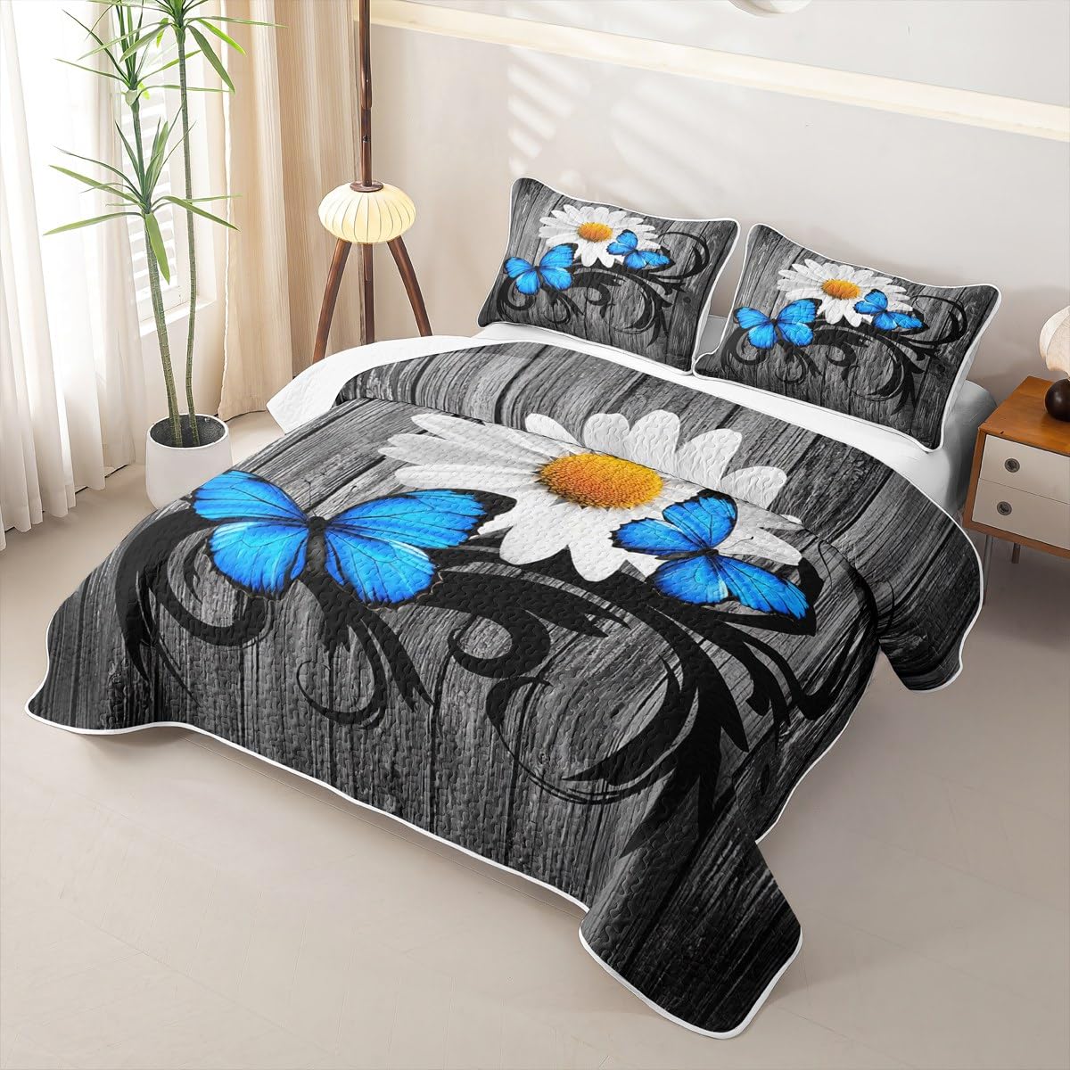 Erosebridal Daisy Quilt Butterfly Quilt Set Queen Retro Wooden Planks Bedding Coverlet Rustic Farmhouse Animals Bedspread with 2 Pillowcases
