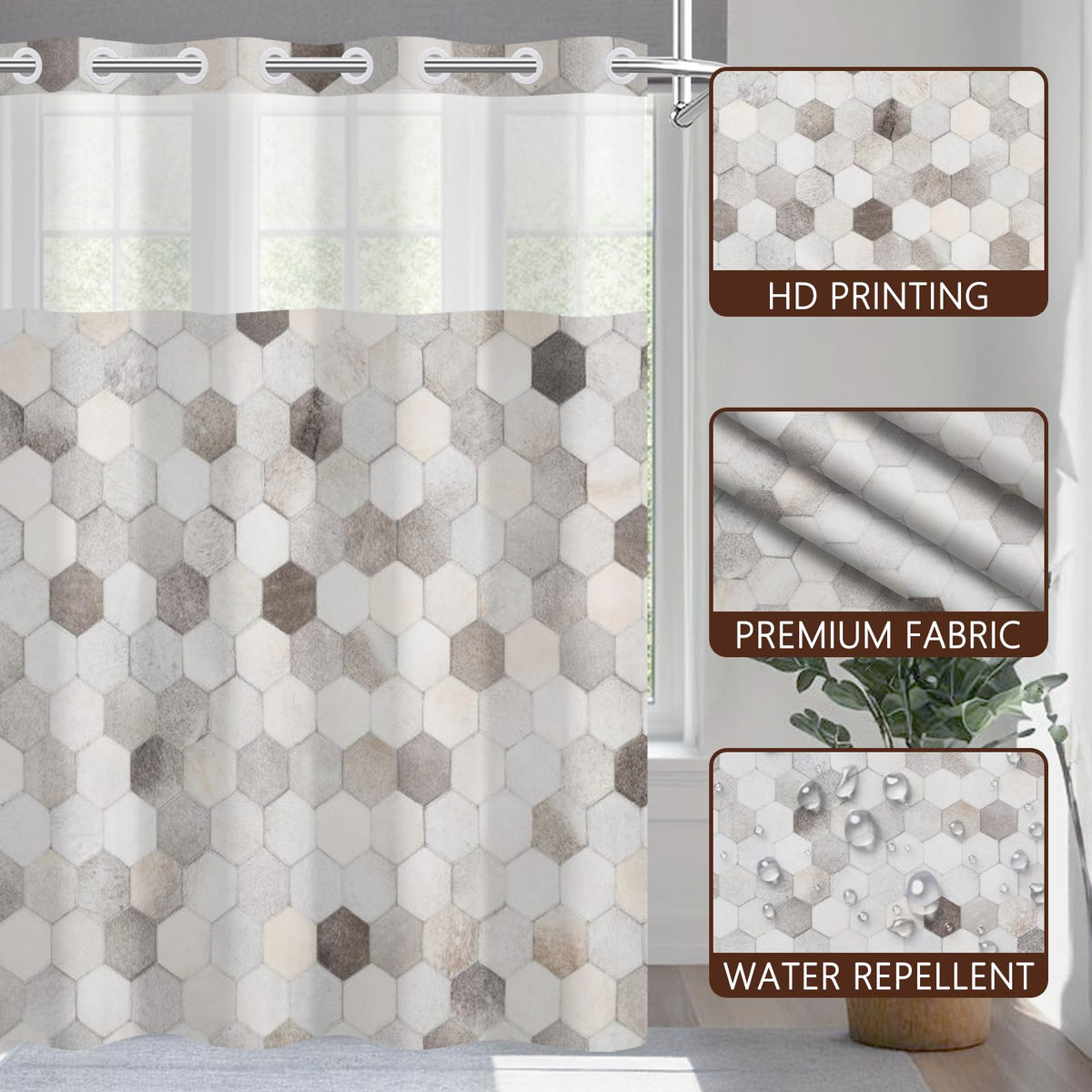NAEMBCU No Hook Geometric Shower Curtain with Snap in Liner 71x74 Inch