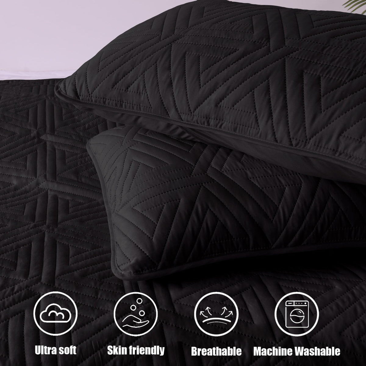 Whale Flotilla Soft Queen Size Quilt Set for All Seasons, 3-Piece Ultrasonic Geometric Quilts Bedding Set, Lightweight Reversible Bedspread, Coverlet, Bed Cover with 2 Pillow Shams, Black